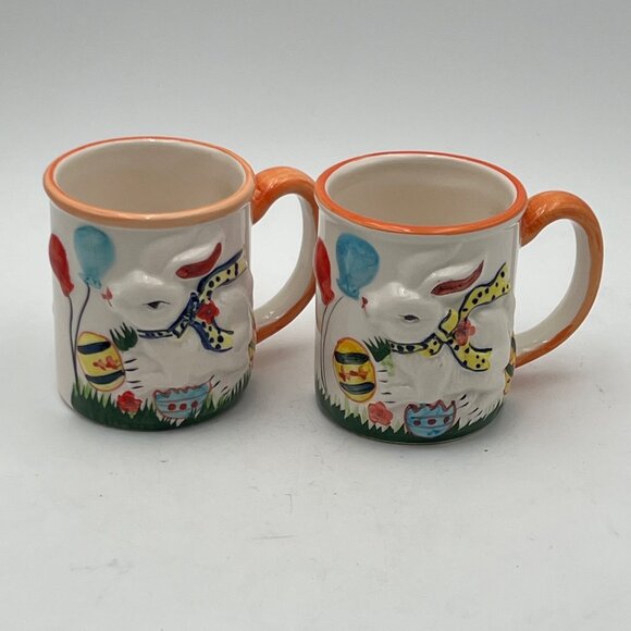 Set Of 2 Ceramic Easter Bunny Mugs Balloon EggOrange Rim & Handle Hand-Painted - Picture 1 of 10